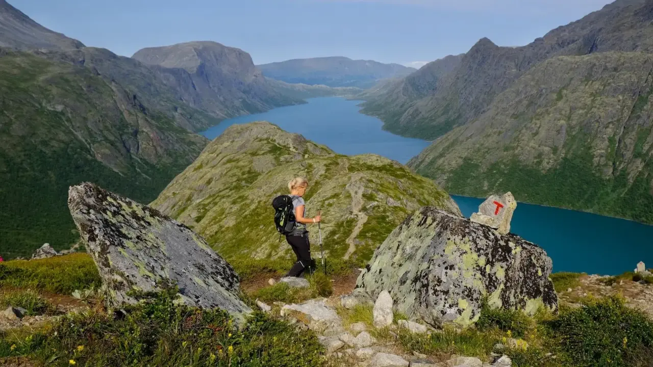 En kvinna vandrar i Jotunheimen med en blå sjö och berg i bakgrunden. En T-märkt sten visar vägen.