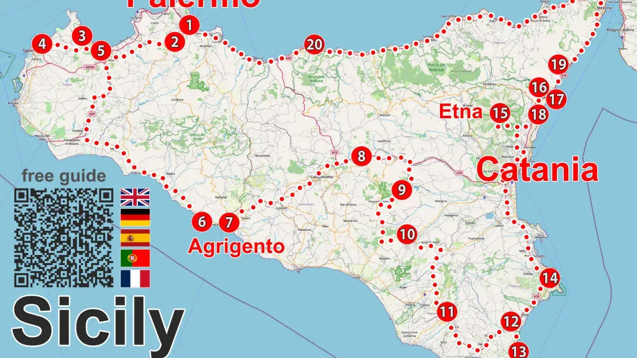 Karta visar var ligger Sicilien med markerade städer som Palermo, Catania och Agrigento. En rutt med numrerade stopp leder genom ön.
