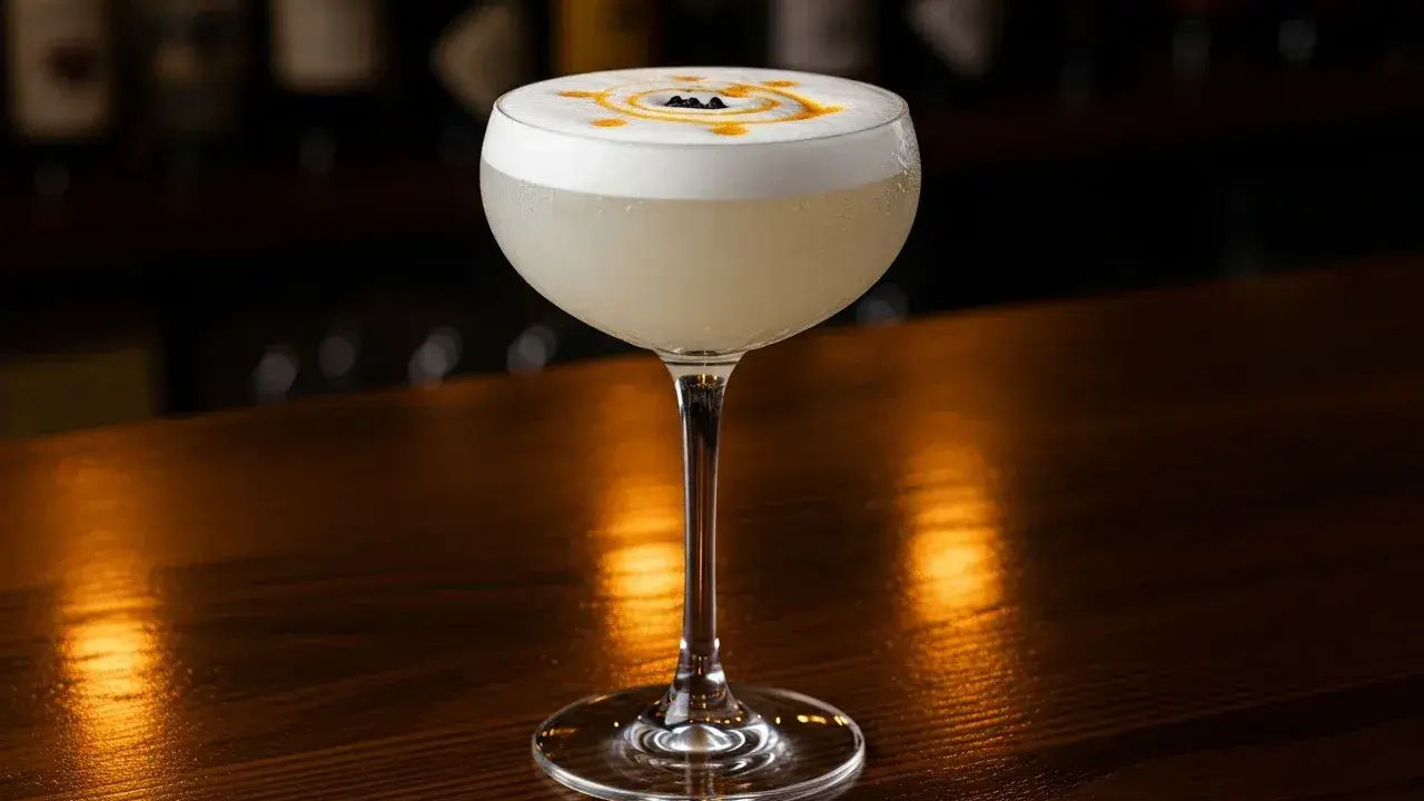 En elegant Pisco Sour med skummig topp, dekorerad med en virvel och tre svarta bär. Perfekt för ditt pisco sour recept.