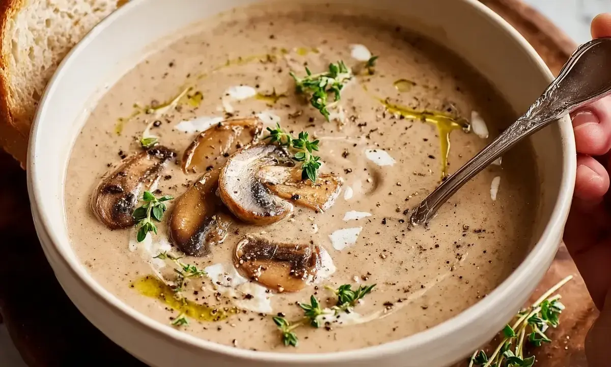 En krämig skål med godaste svampsoppan, toppad med champinjoner, färska örter och en skiva bröd.