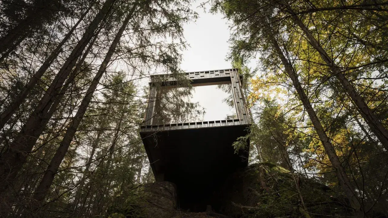 En modern kub med stora fönster svävar bland träden på Hyssna Forest Resort.