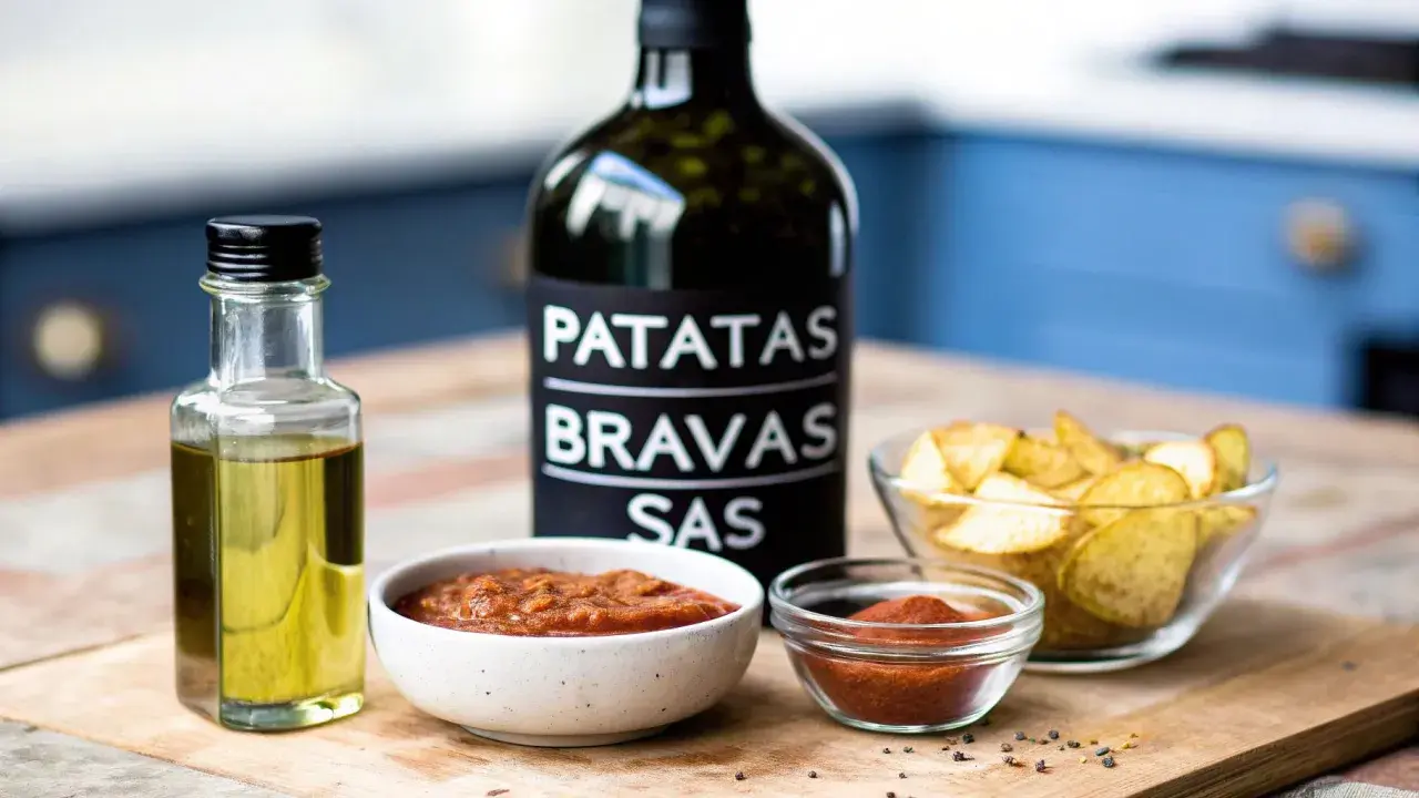 Ingredienser för patatas bravas recept: en flaska patatas bravas sås, olivolja, två skålar med sås och en skål med potatis.