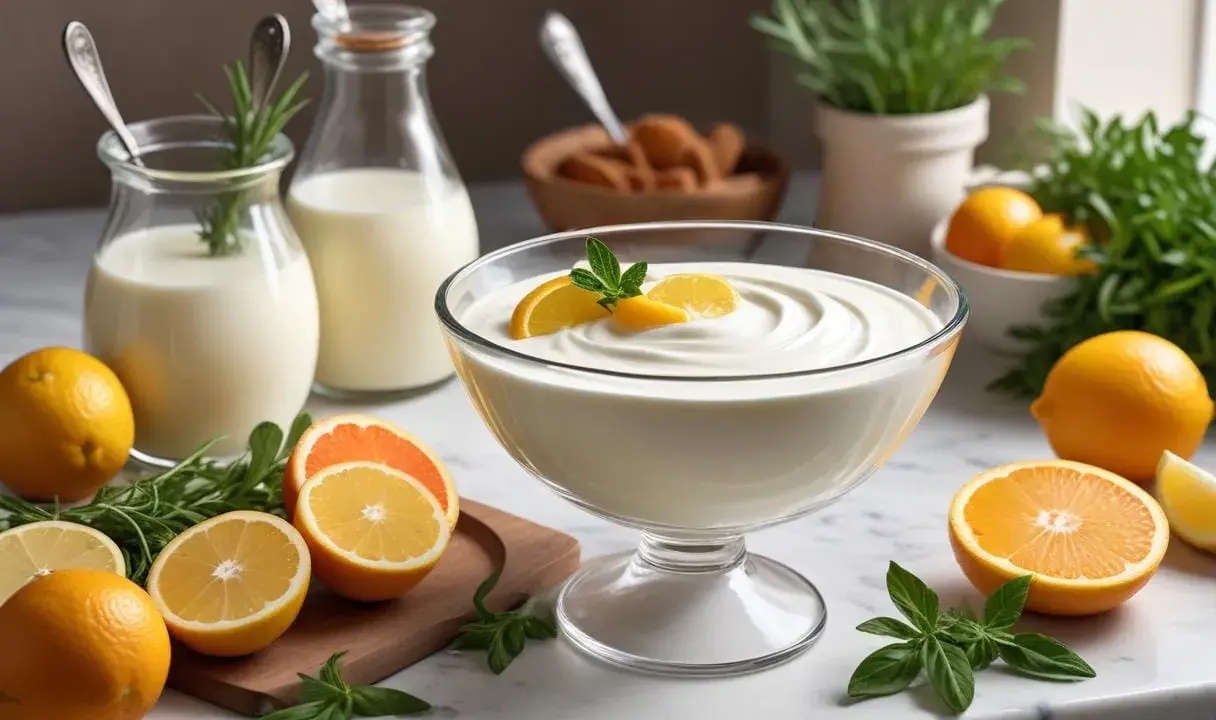 En skål med vispad creme fraiche, garnerad med citronskivor och mynta. Runtom finns färska citroner, apelsiner och örter.