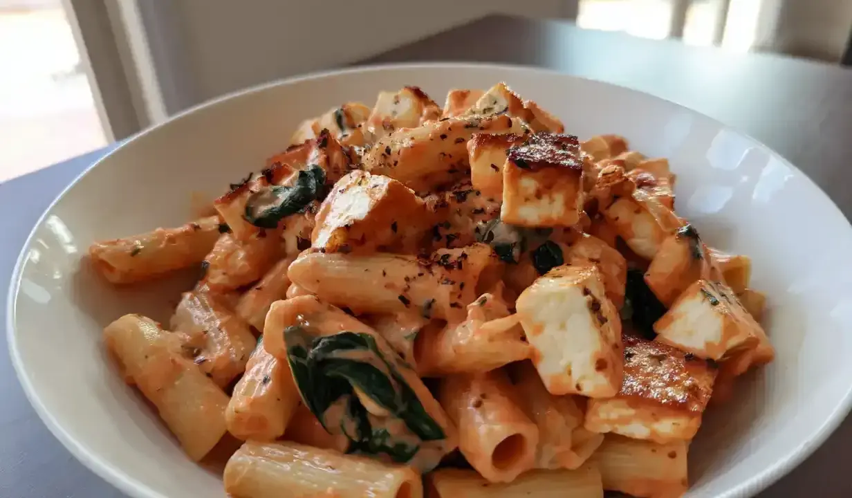 En krämig halloumi pasta i tomatsås med spenat, toppad med grillad halloumi.