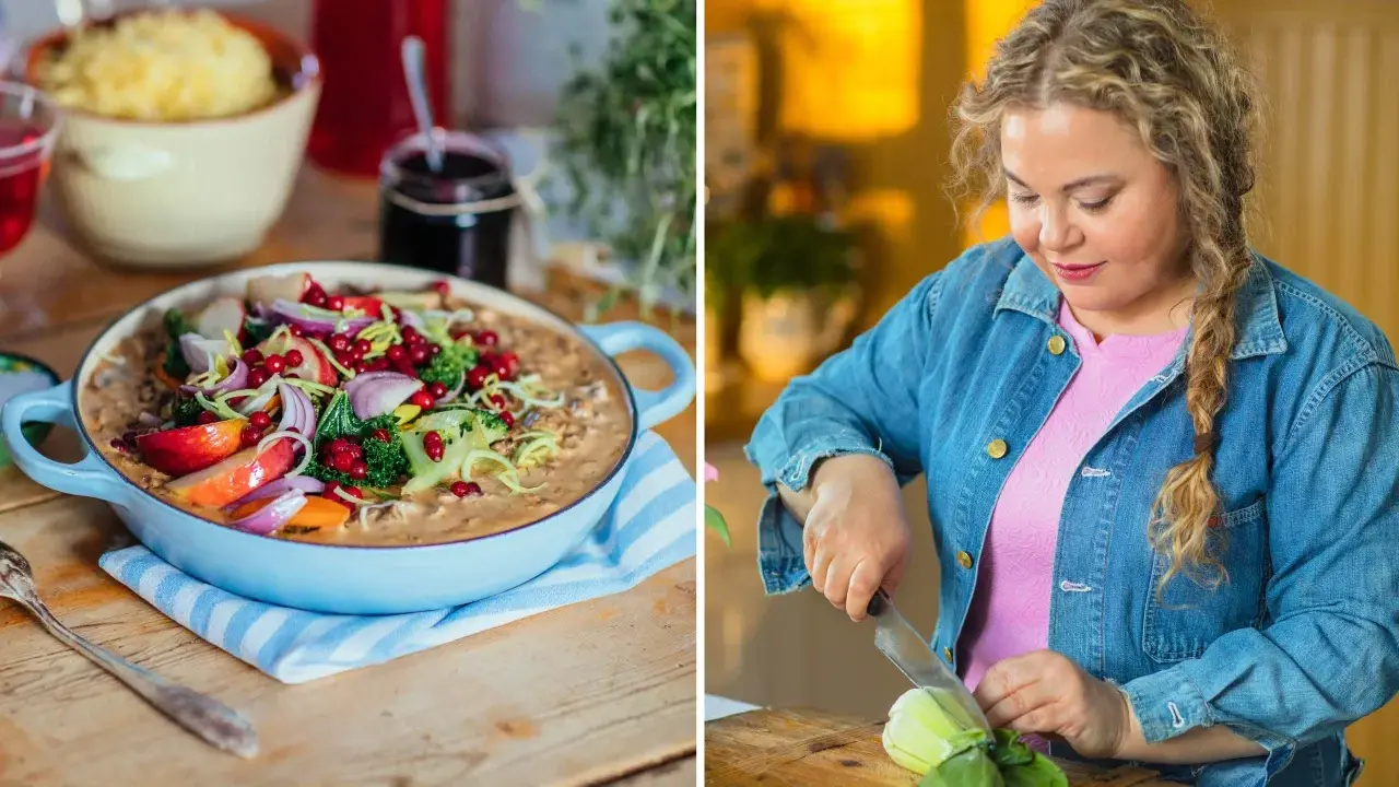 Susanne Jonsson recept: en matig gryta med grönsaker och bär, och en kvinna som förbereder mat.