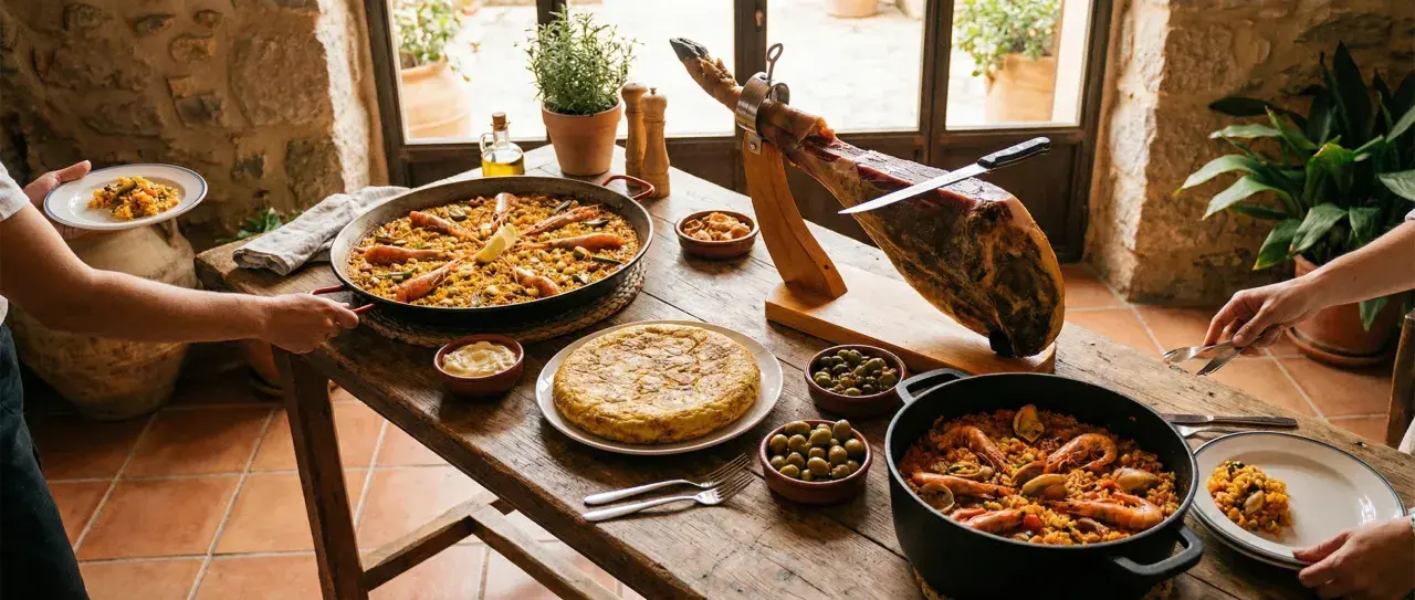 En generös spansk måltid med paella, jamón ibérico, tortilla och oliver. En fest för ögat och magen!