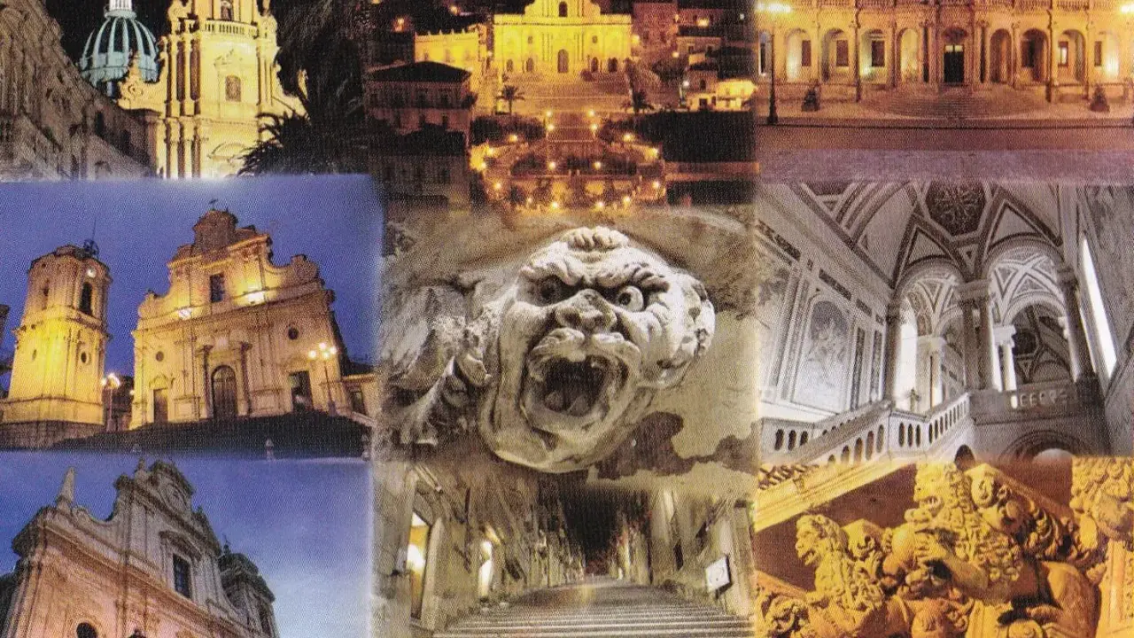 En samling bilder visar Siciliens arkitektur: kyrkor, en herrgård, en skrämmande gargoyle och en storslagen trappa. Noto Sicilien är en plats fylld av historia.