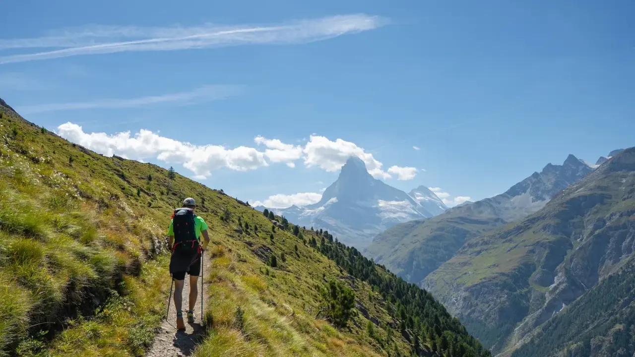 Vandrare på en bergstig med Matterhorn i bakgrunden, en del av en episk haute route.