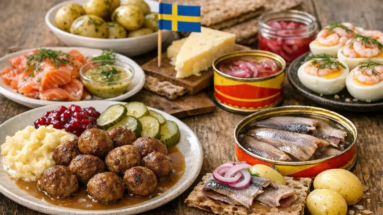 En härlig buffé med typisk svensk mat: köttbullar, sill, lax, ägg med räkor, potatis och lingonsylt. En svensk flagga vajar stolt.