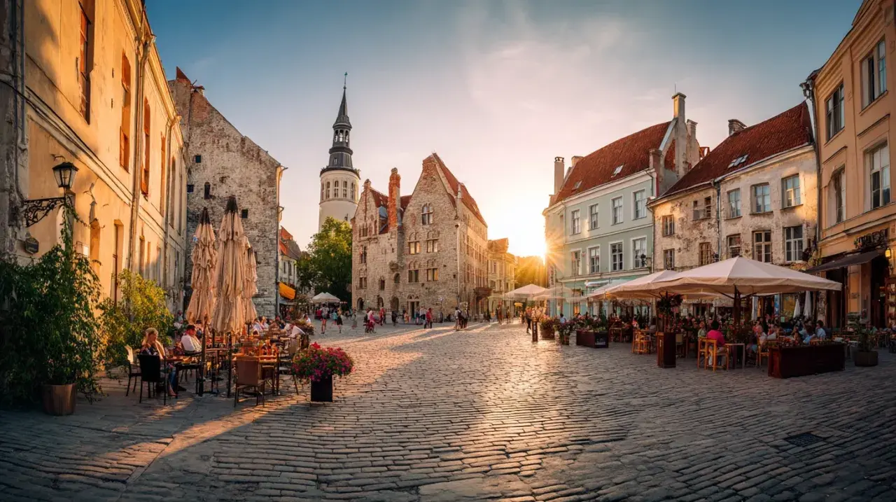 Solnedgång över kullerstensbelagd torg i Tallinn, med uteserveringar och historiska byggnader. Perfekt för **europa tips**.