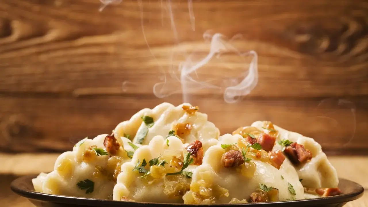 Ångande pierogi, en klassisk polsk mat, serveras på en mörk tallrik med lök och persilja.