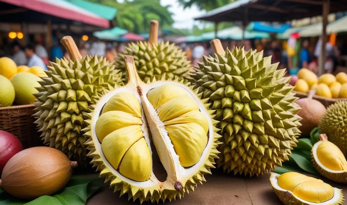 En marknad med flera durian frukt, en del uppskuren och visar det gula fruktköttet.