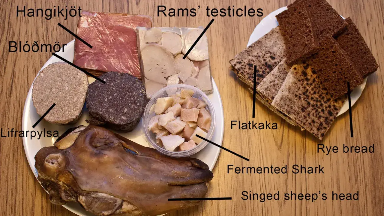 En tallrik med isländsk mat: hangikjöt, blóðmör, lifrarpylsa, rams' testiklar, fermenterad haj, singed sheep's head, flatkaka och rågbröd.