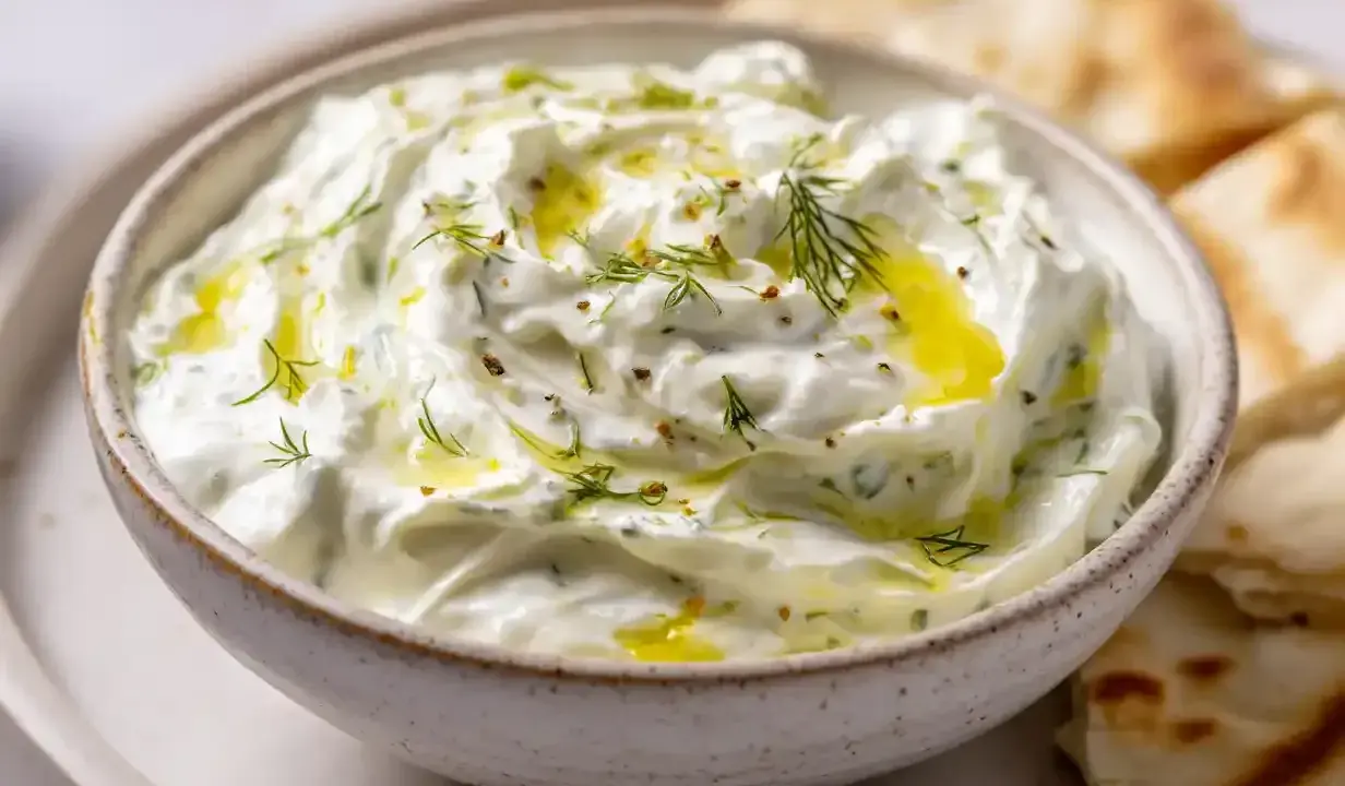 Krämig tzatziki med dill och olivolja, perfekt till pitabröd. Ett enkelt tzatziki recept för alla.