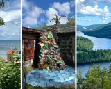 Konstinstallation av böcker som rinner nerför en vägg, en sjö med röda tak och en vacker sjö med skogsklädda öar. Guldkorn i Småland.