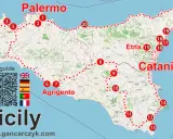 Karta visar var ligger Sicilien med markerade städer som Palermo, Catania och Agrigento. En rutt med numrerade stopp leder genom ön.