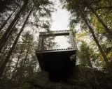 En modern kub med stora fönster svävar bland träden på Hyssna Forest Resort.
