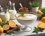 En skål med vispad creme fraiche, garnerad med citronskivor och mynta. Runtom finns färska citroner, apelsiner och örter.