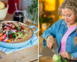Susanne Jonsson recept: en matig gryta med grönsaker och bär, och en kvinna som förbereder mat.