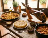 En generös spansk måltid med paella, jamón ibérico, tortilla och oliver. En fest för ögat och magen!