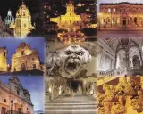 En samling bilder visar Siciliens arkitektur: kyrkor, en herrgård, en skrämmande gargoyle och en storslagen trappa. Noto Sicilien är en plats fylld av historia.