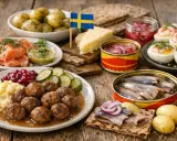En härlig buffé med typisk svensk mat: köttbullar, sill, lax, ägg med räkor, potatis och lingonsylt. En svensk flagga vajar stolt.
