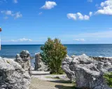 Flicka spanar ut över havet vid raukarna på Gotland. Bra tips för en solig dag!