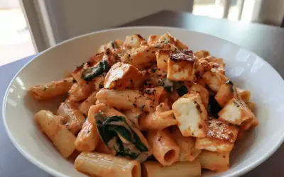 En krämig halloumi pasta i tomatsås med spenat, toppad med grillad halloumi.
