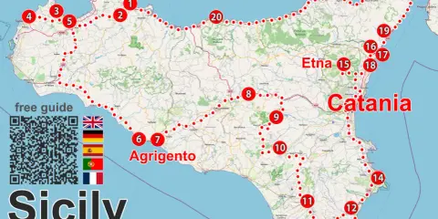 Karta visar var ligger Sicilien med markerade städer som Palermo, Catania och Agrigento. En rutt med numrerade stopp leder genom ön.