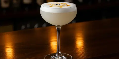 En elegant Pisco Sour med skummig topp, dekorerad med en virvel och tre svarta bär. Perfekt för ditt pisco sour recept.