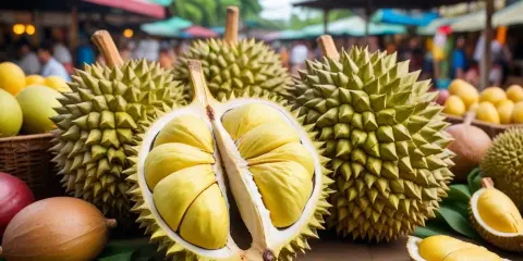 En marknad med flera durian frukt, en del uppskuren och visar det gula fruktköttet.