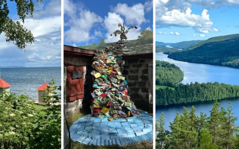 Konstinstallation av böcker som rinner nerför en vägg, en sjö med röda tak och en vacker sjö med skogsklädda öar. Guldkorn i Småland.