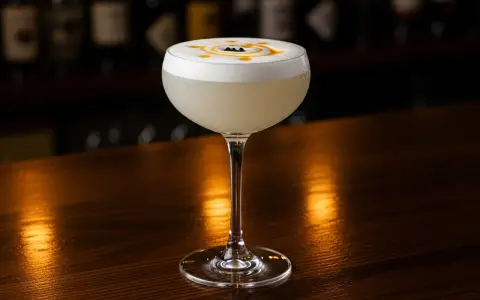 En elegant Pisco Sour med skummig topp, dekorerad med en virvel och tre svarta bär. Perfekt för ditt pisco sour recept.