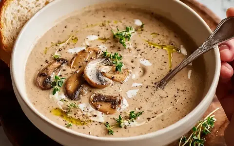 En krämig skål med godaste svampsoppan, toppad med champinjoner, färska örter och en skiva bröd.