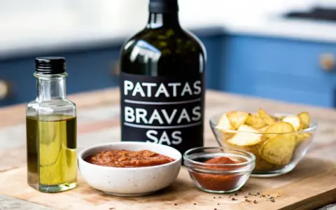 Ingredienser för patatas bravas recept: en flaska patatas bravas sås, olivolja, två skålar med sås och en skål med potatis.