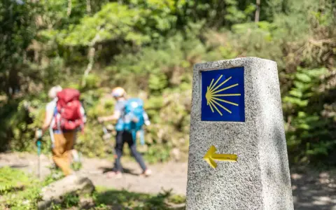Pilgrimer på Santiago de Compostela vandring följer en sten med snäckskalssymbolen och en pil.