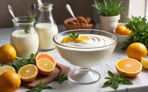 En skål med vispad creme fraiche, garnerad med citronskivor och mynta. Runtom finns färska citroner, apelsiner och örter.