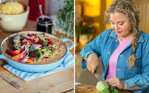 Susanne Jonsson recept: en matig gryta med grönsaker och bär, och en kvinna som förbereder mat.