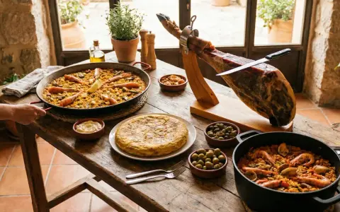 En generös spansk måltid med paella, jamón ibérico, tortilla och oliver. En fest för ögat och magen!