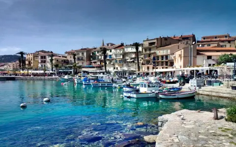 Båtar i en turkos hamn i Calvi, Korsika, med färgglada hus och palmer längs kajen.