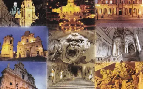 En samling bilder visar Siciliens arkitektur: kyrkor, en herrgård, en skrämmande gargoyle och en storslagen trappa. Noto Sicilien är en plats fylld av historia.