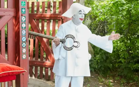 En clown med vit smink och stor hatt håller en nyckel med texten "Dyrehavs Bakken". Han står vid en röd grind.