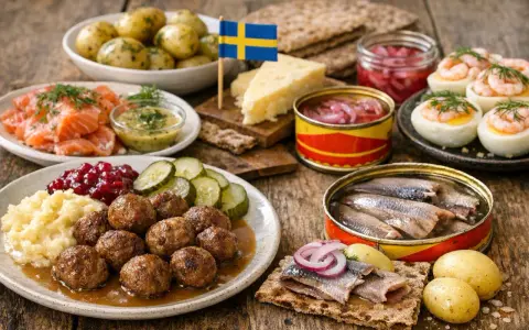 En härlig buffé med typisk svensk mat: köttbullar, sill, lax, ägg med räkor, potatis och lingonsylt. En svensk flagga vajar stolt.