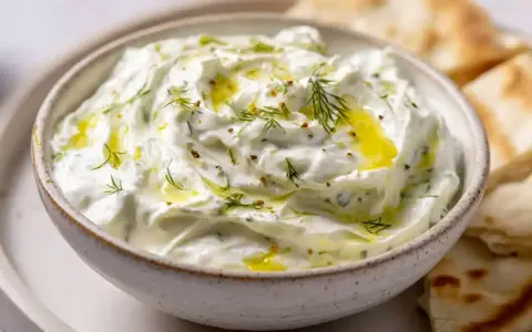Krämig tzatziki med dill och olivolja, perfekt till pitabröd. Ett enkelt tzatziki recept för alla.