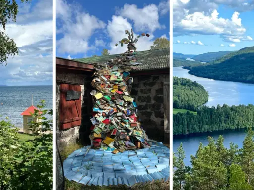Konstinstallation av böcker som rinner nerför en vägg, en sjö med röda tak och en vacker sjö med skogsklädda öar. Guldkorn i Småland.