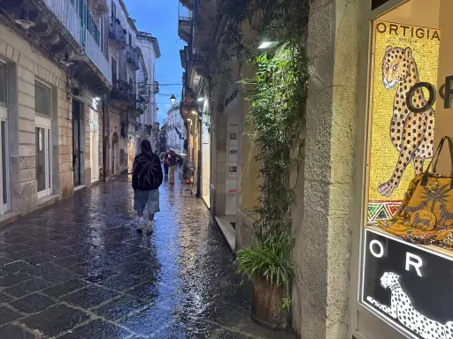 En person går längs en regnvåt gata i Syrakusa, Sicilien. En butiks skyltfönster visar en mosaik av en jaguar och texten "Ortigia".