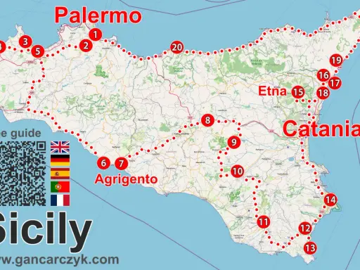 Karta visar var ligger Sicilien med markerade städer som Palermo, Catania och Agrigento. En rutt med numrerade stopp leder genom ön.