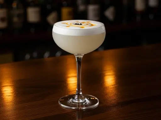 En elegant Pisco Sour med skummig topp, dekorerad med en virvel och tre svarta bär. Perfekt för ditt pisco sour recept.