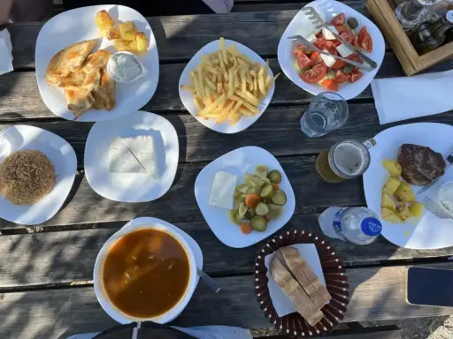 En härlig måltid med albansk mat: kyckling, ris, pommes frites, sallad, kött och bröd.
