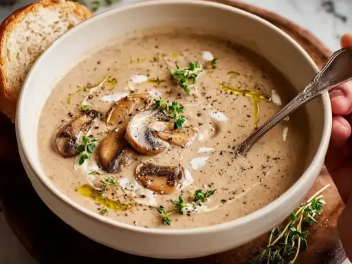 En krämig skål med godaste svampsoppan, toppad med champinjoner, färska örter och en skiva bröd.
